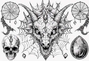 Dragon spiral spiderweb shattered chalices jewels, unicorn horn and a spider tattoo idea