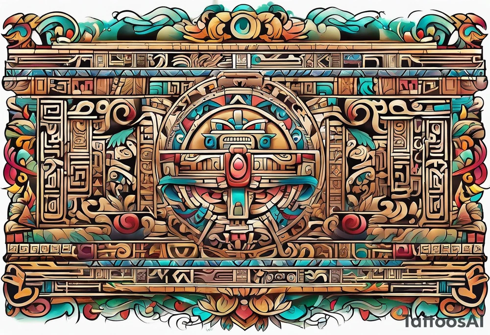 Colorful ancient Mayan hieroglyph tattoo idea