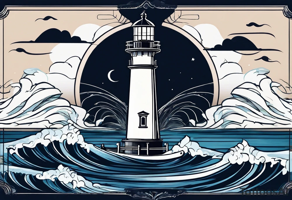 lighthouse at the ocean, a bit realistic  framed, minimalistic tattoo idea