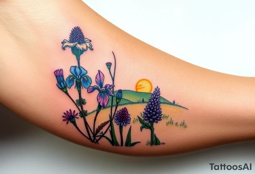 a bunch of cutleaf coneflower, blue flag iris, bee balm, obedient plant, purple coneflower on a hill with grass with a beautiful sunset tattoo idea