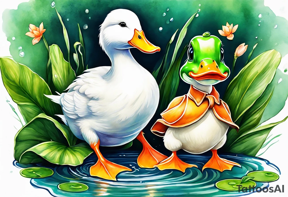A white Duck with orange feet and a green toad playing together in a pond tattoo idea