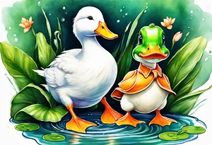 A white Duck with orange feet and a green toad playing together in a pond tattoo idea