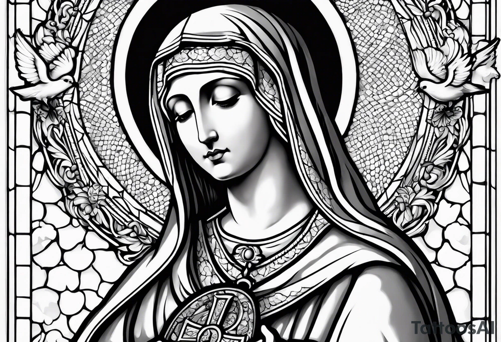 Blessed Virgin Mary holding crucified Jesus with the holy spirit dove above them and rosary beads tattoo idea