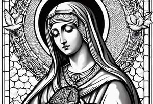 Blessed Virgin Mary holding crucified Jesus with the holy spirit dove above them and rosary beads tattoo idea