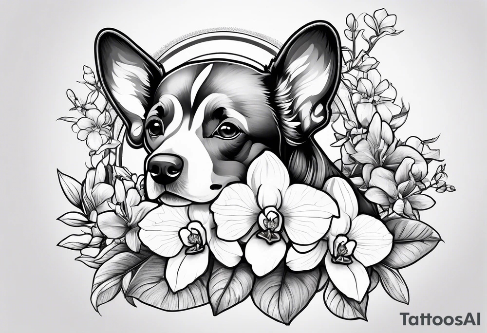 Orquídea e Bougainvillea e cachorro sentado de costas tattoo idea