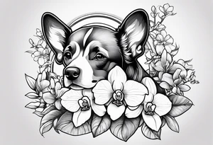 Orquídea e Bougainvillea e cachorro sentado de costas tattoo idea