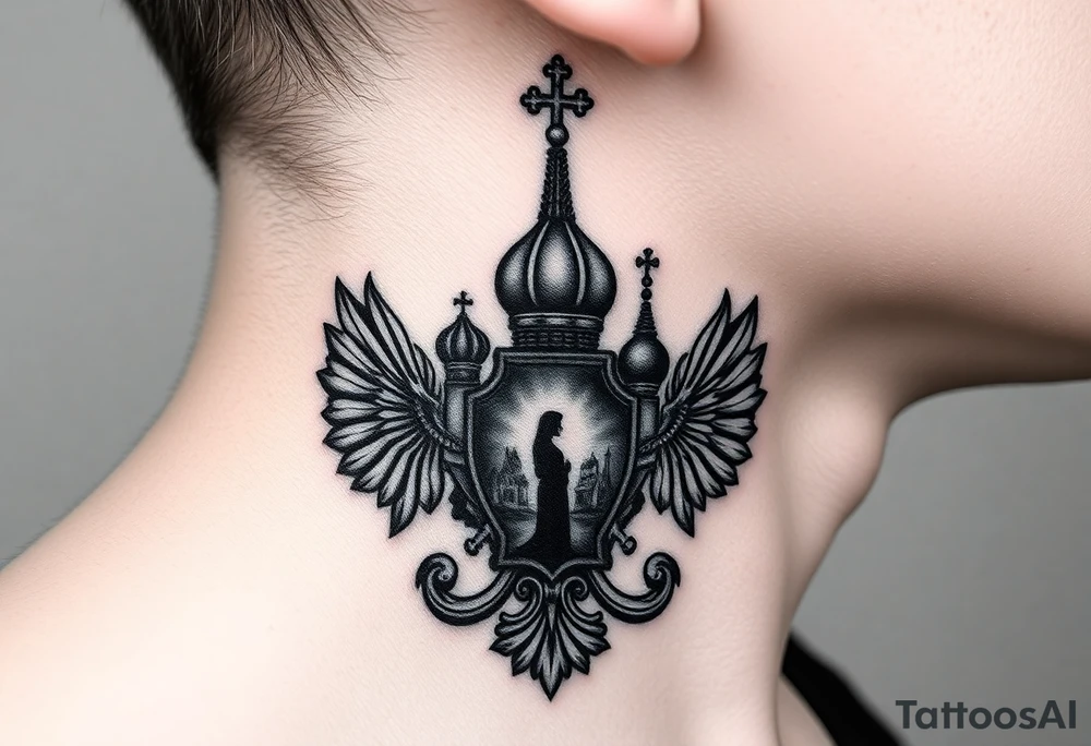Traditional authentic Russian coat of arms with a Christian orthodox virgin marry in the middle and silhouette in a Russian wilderness Christian orthodoxy dome church village setting on the side of my neck tattoo idea