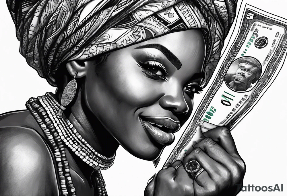 african woman biting money tattoo idea