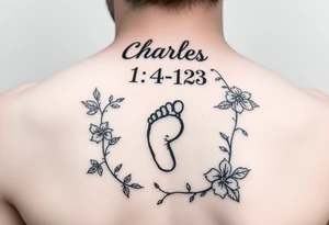 Baby footprint with the name Charles above it and the date 1- 14-23 below it surrounded by floral Vines tattoo idea