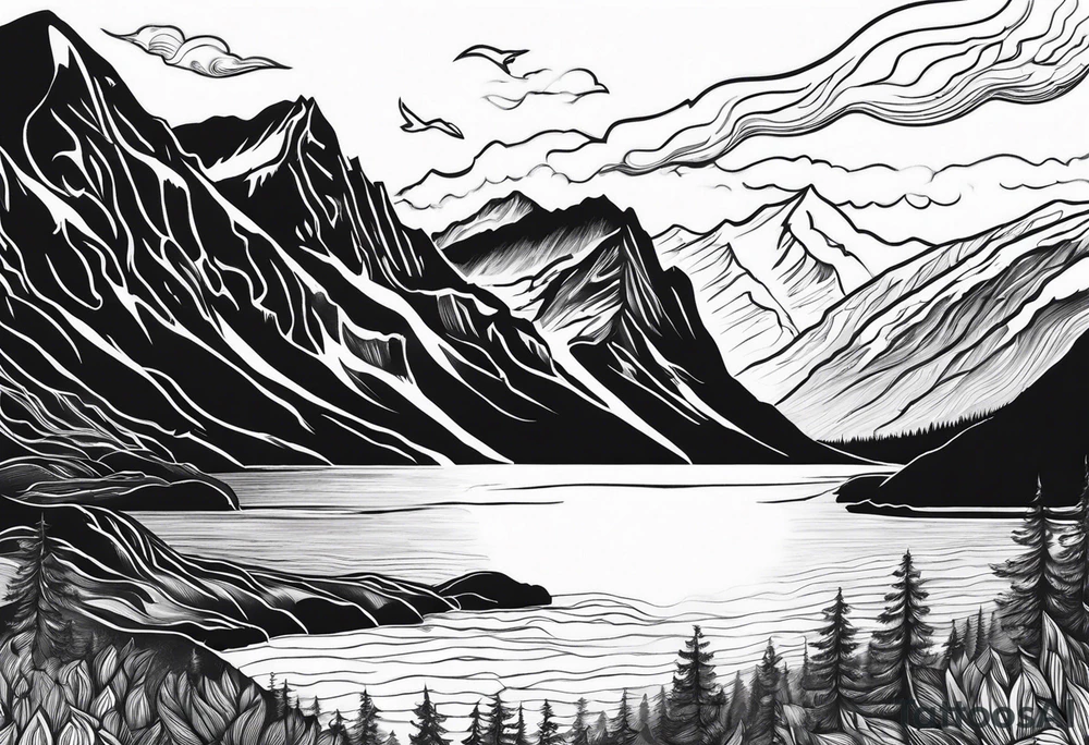 Norwegian fjord with aurora borealis tattoo idea