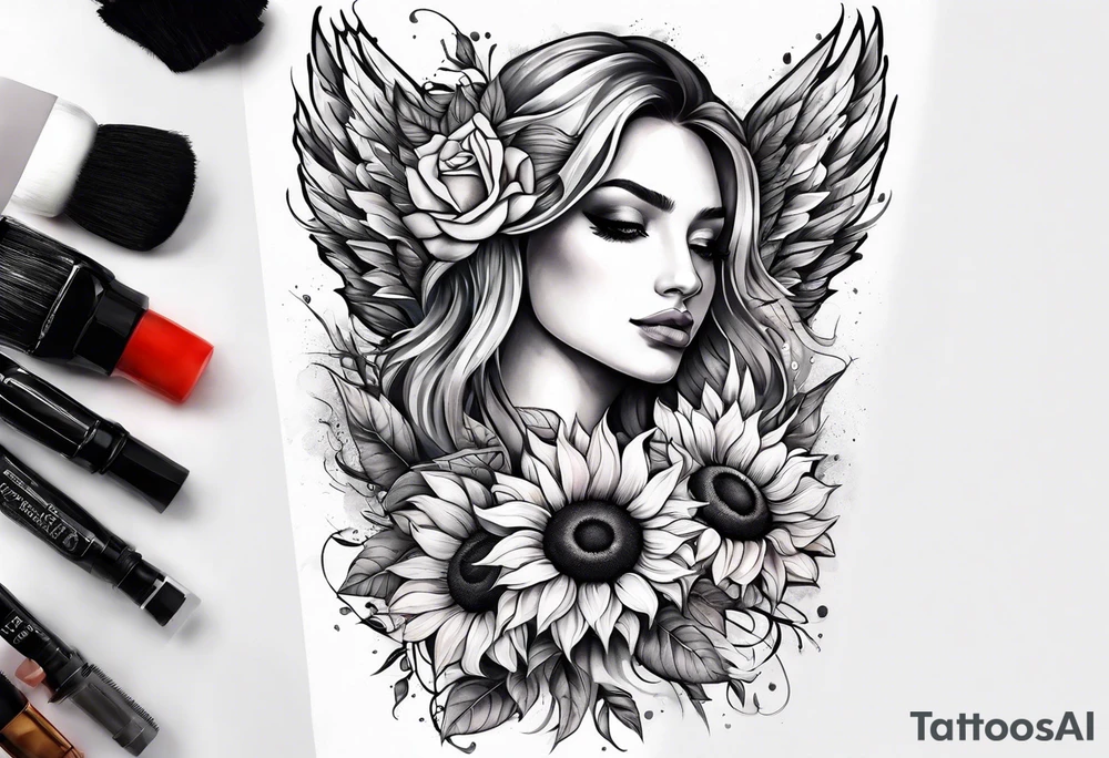 Sunflowers and angel wings leg sleeve tattoo idea