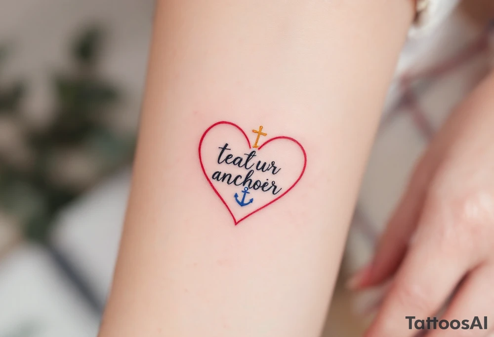 Tiny black font placed within a heart outline in red, with a gold cross on top and a blue anchor below. tattoo idea