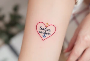 Tiny black font placed within a heart outline in red, with a gold cross on top and a blue anchor below. tattoo idea