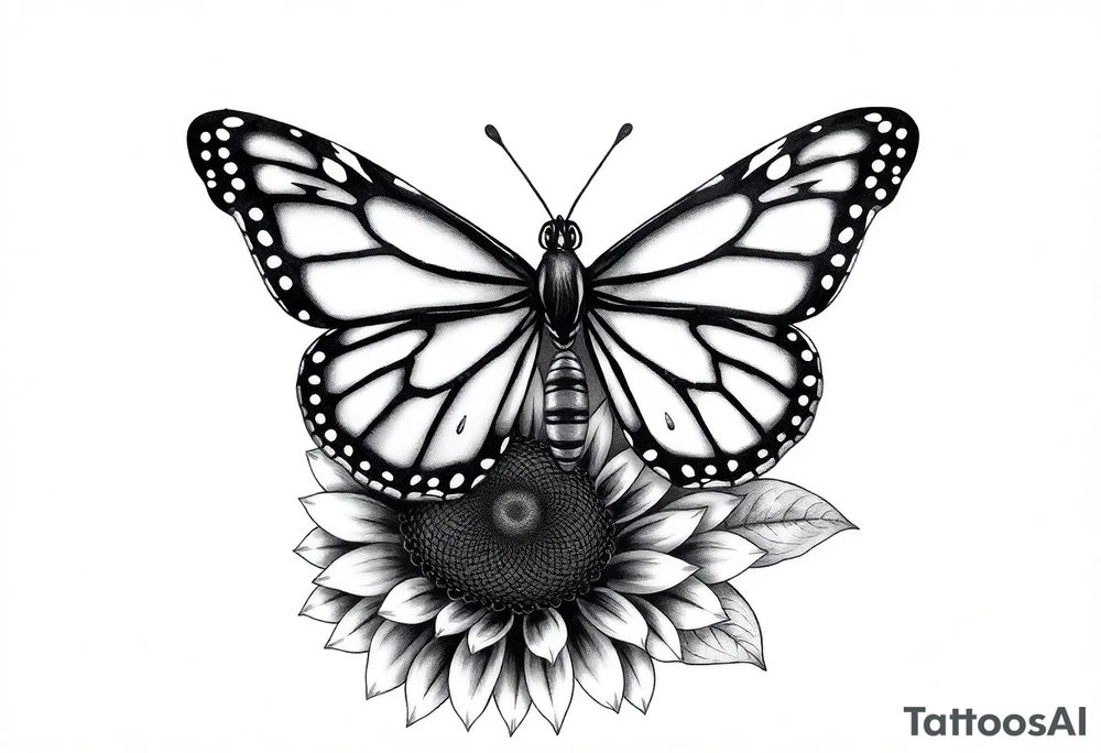 The central focus is a large butterfly with intricate wing patterns, which appears to be a monarch butterfly. It is resting on a sunflower, with its wings spread open.With the name Shari  in it tattoo idea