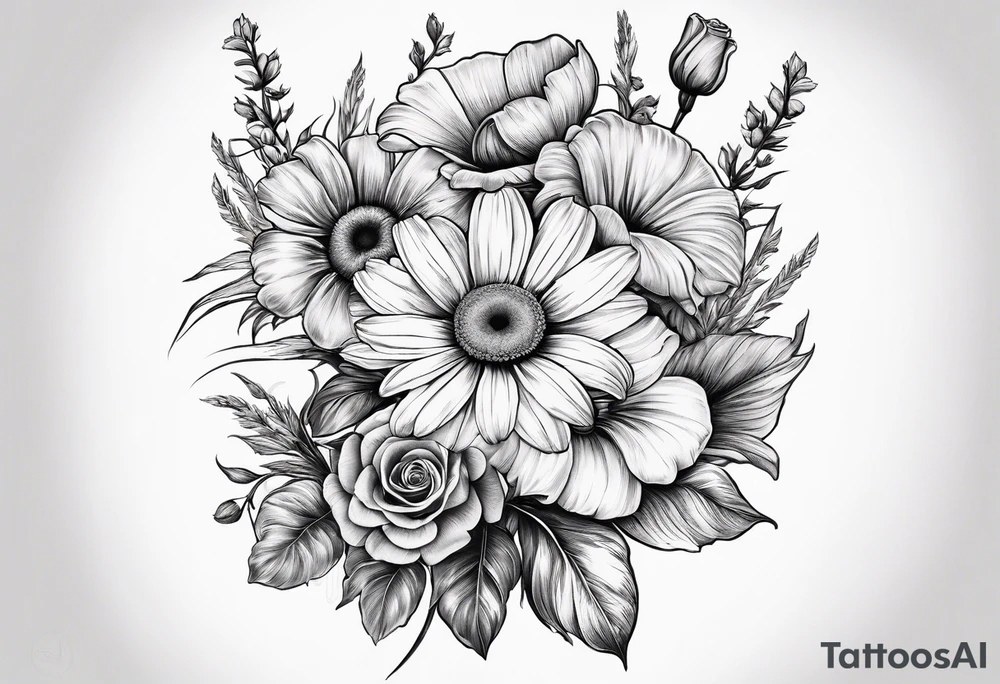 A vintage vertical design of a single daisy and a single rose with gladiolus flowers and poppies weaving through the daisy and rose tattoo idea