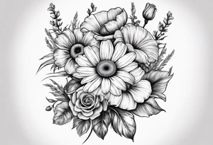 A vintage vertical design of a single daisy and a single rose with gladiolus flowers and poppies weaving through the daisy and rose tattoo idea