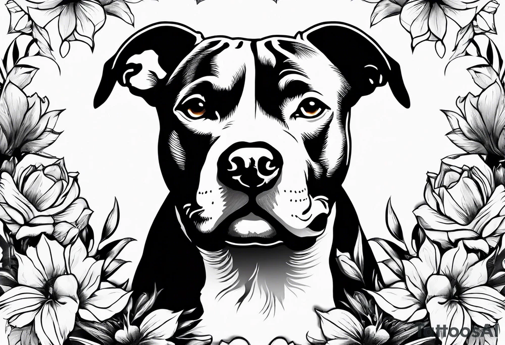 pit bull looking up at you with flowers on skin tattoo idea
