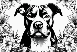 pit bull looking up at you with flowers on skin tattoo idea