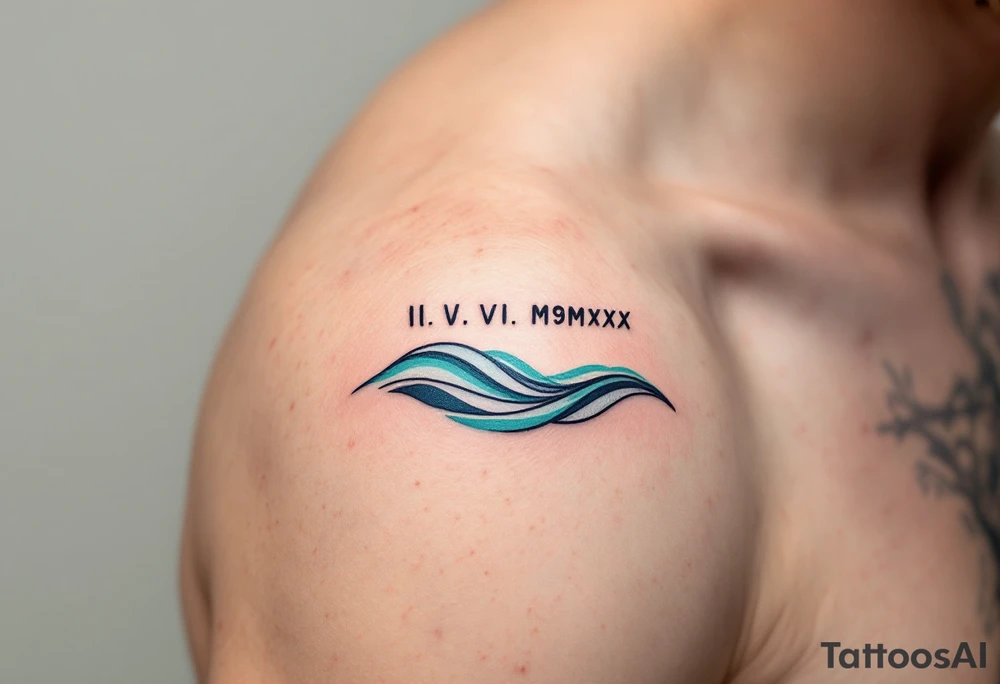 Fine-line II.VI.MMXX in dark ink on the inner bicep, with stylized waves in desaturated teal flowing beneath. tattoo idea