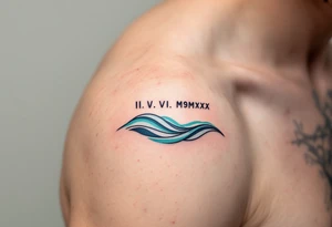 Fine-line II.VI.MMXX in dark ink on the inner bicep, with stylized waves in desaturated teal flowing beneath. tattoo idea
