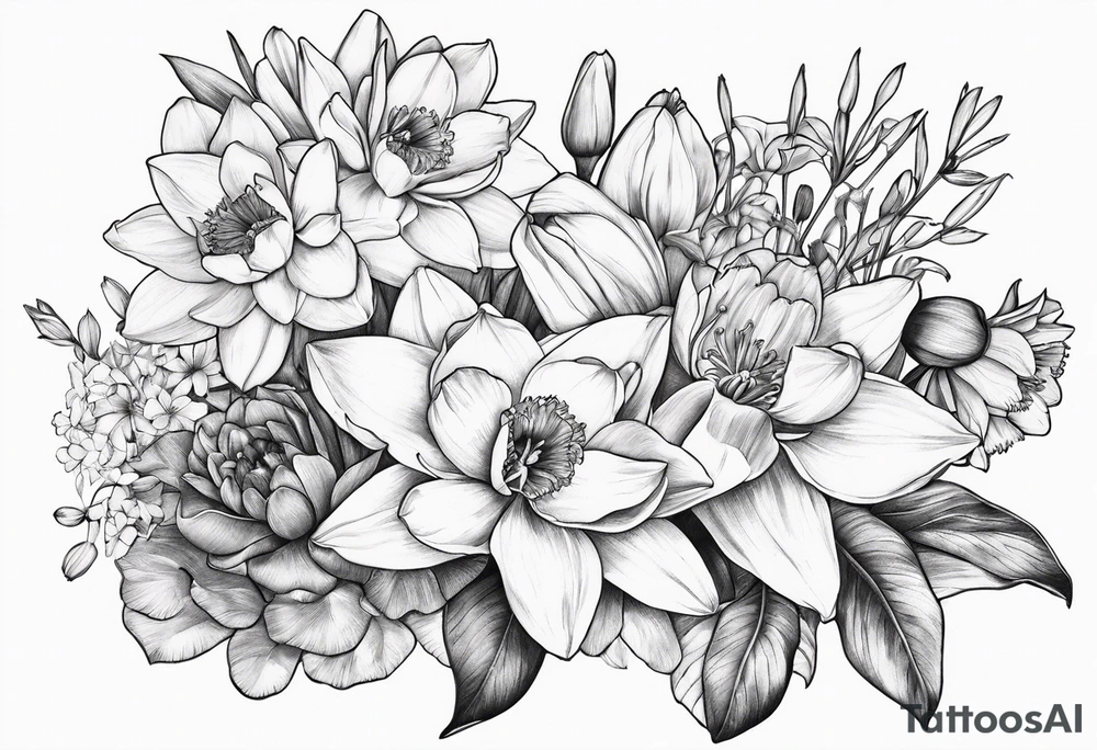 Bouquet of daffodils, water lily’s, and larkspur tattoo idea