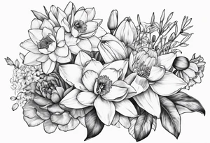 Bouquet of daffodils, water lily’s, and larkspur tattoo idea