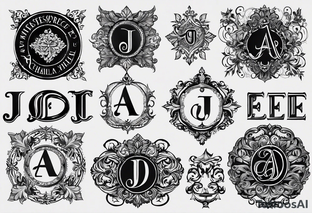 I want to design a tattoo that has the letters A, J, D, E mixed together like a design in harmony with old chaligraphy. I don't want additional images but just the letters tattoo idea