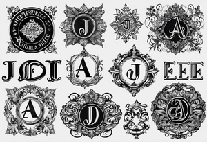 I want to design a tattoo that has the letters A, J, D, E mixed together like a design in harmony with old chaligraphy. I don't want additional images but just the letters tattoo idea