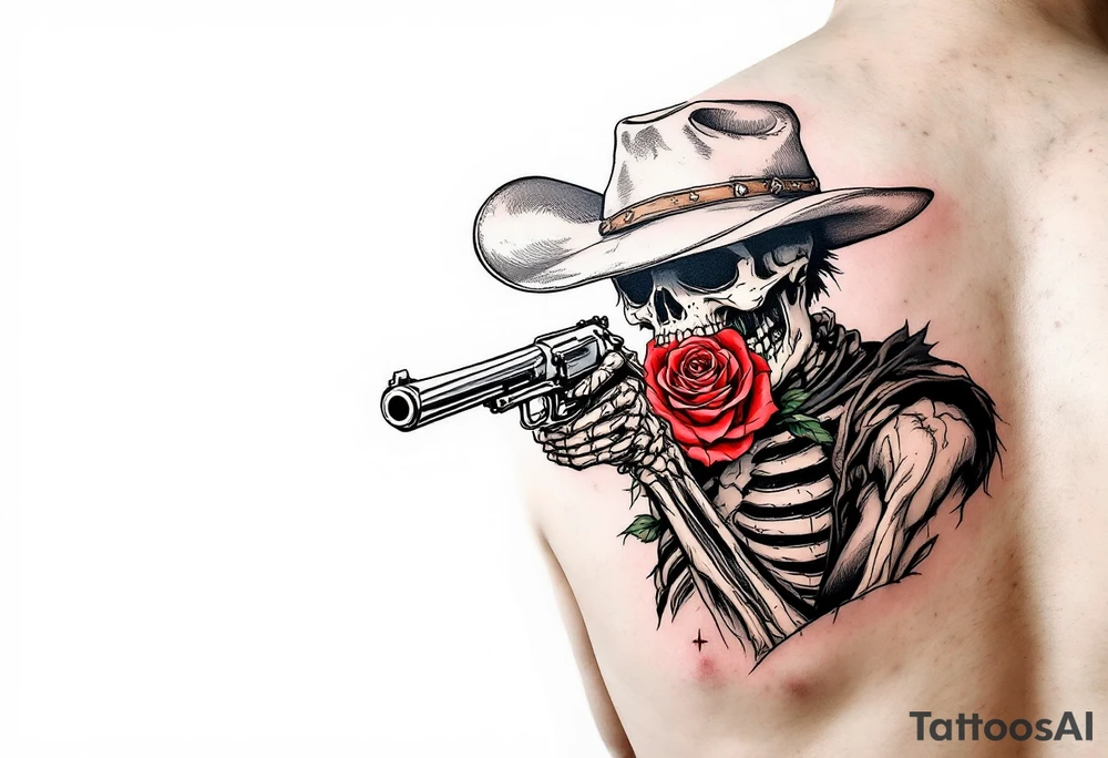 a full body skeleton cowboy gunslinger with a rose in his mouth. tattoo idea