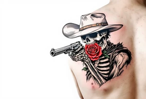 a full body skeleton cowboy gunslinger with a rose in his mouth. tattoo idea