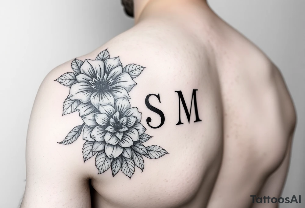 Floral arm sleeve with hidden letters S M tattoo idea