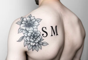 Floral arm sleeve with hidden letters S M tattoo idea