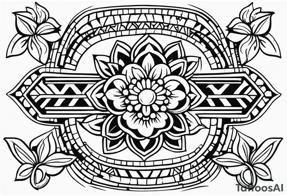 Create a masculine aztec tattoo design carved in stone featuring three flower buds of Gypsophila spp. tattoo idea