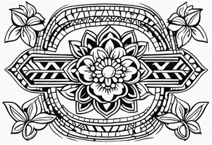 Create a masculine aztec tattoo design carved in stone featuring three flower buds of Gypsophila spp. tattoo idea