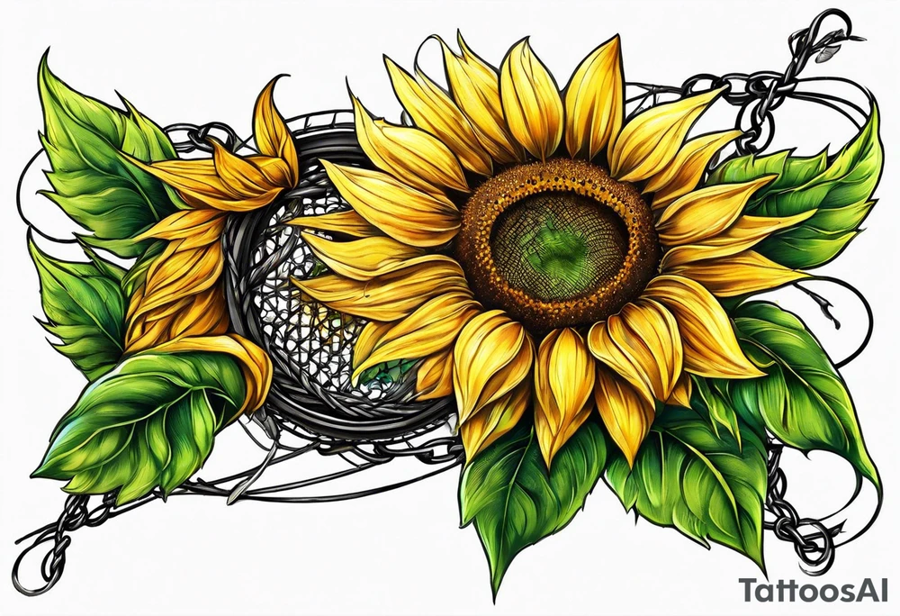 Sunflower, wheat, and barbed wire half sleeve tattoo idea