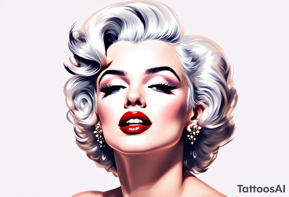 A vintage-style Marilyn in full color with platinum blonde hair, red lips, and a soft pastel background. tattoo idea