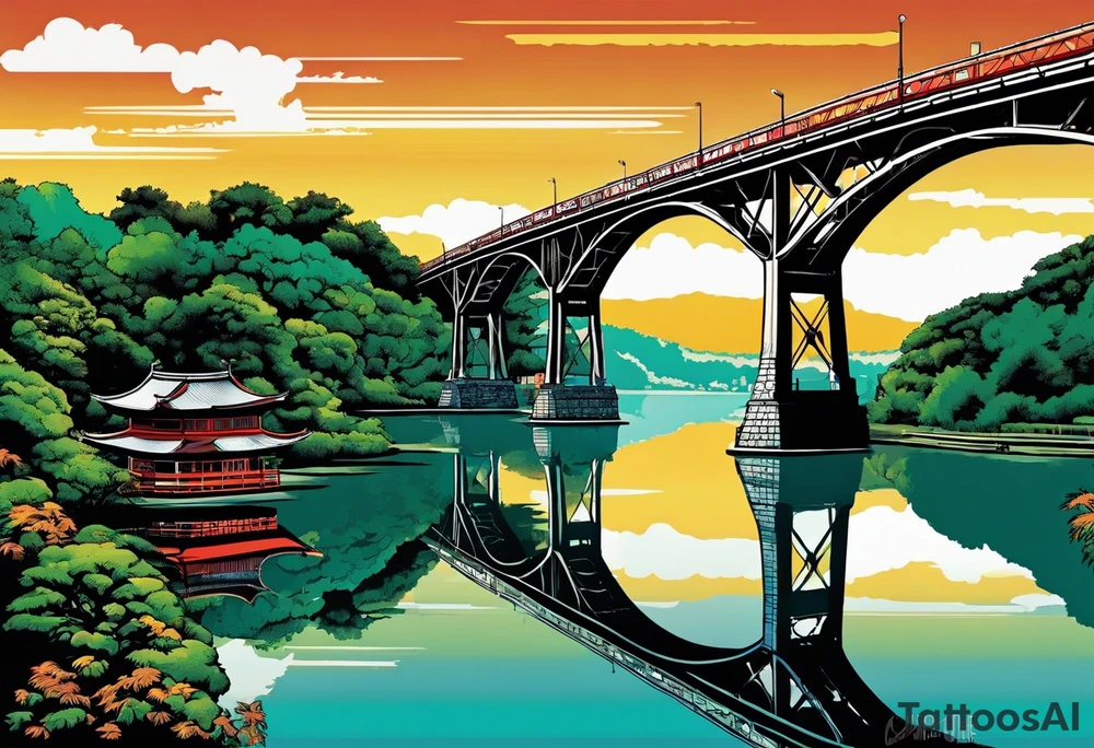 70's poster art, pop art, simple, view from under cantilever bridge tattoo idea