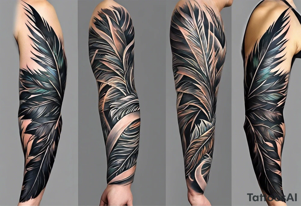 The tattoo begins on the left arm, at the elbow, where feathers are flying under the action of the wind towards the left hand. These feathers share the air space with branches that have leaves, and both elements move together up the left arm. As they approach the shoulder, some lightning appears between them. At this point, the feathers start to converge toward the left chest, where a vortex of energy reveals the head of an owl. The branches converge toward the left side of the back, passing over the shoulder. On the left side of the back, there is a dense, psychedelic element representing the energy of life's creation, with references to the earth, element, and planet. There is also a clay house in this area. tattoo idea