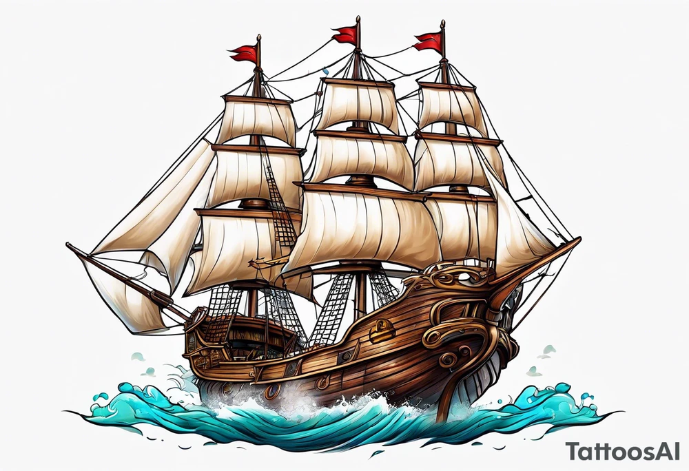 4 story wooden ship one plank coloured tattoo idea