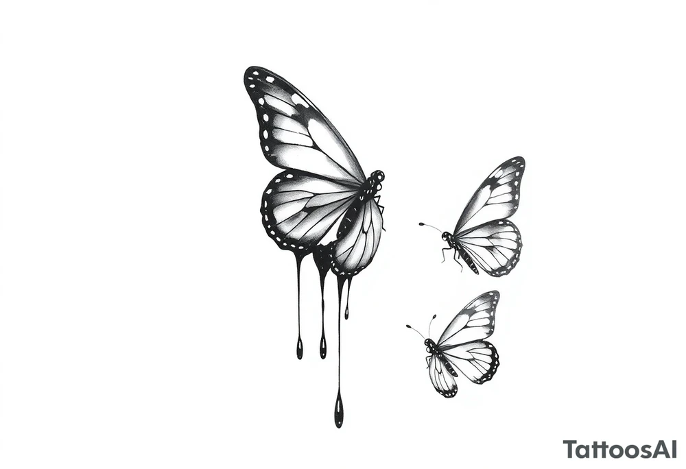 close up Bleeding butterfly and a second one who is in mental horror style and his placement is right and down from the first one tattoo idea