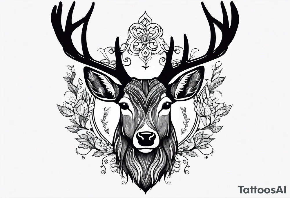 Strong deer with a beard and with antlers tattoo idea