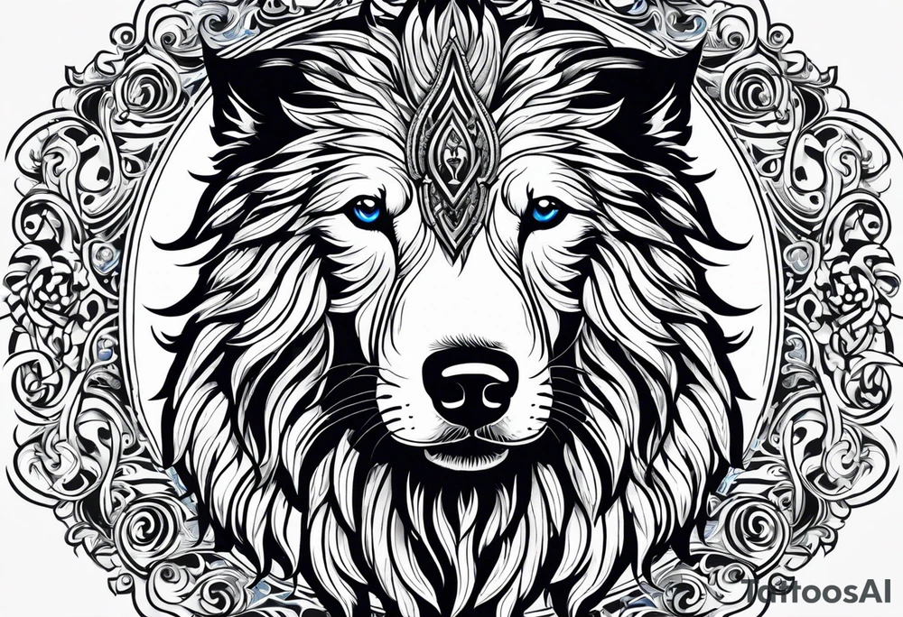 Sheepdog all black short hair with white nose one eye open one eye closed . Muay Thai symbol behind him with a pair of blue cat eyes at the botttom and lots of elegant swirls around tattoo idea