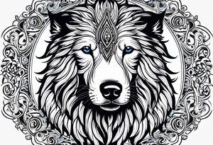 Sheepdog all black short hair with white nose one eye open one eye closed . Muay Thai symbol behind him with a pair of blue cat eyes at the botttom and lots of elegant swirls around tattoo idea