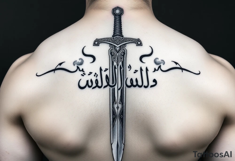 A powerful, highly detailed tattoo design of the legendary bifurcated sword Zulfiqar, positioned vertically for a forearm. The Arabic calligraphy "لا فتی الا علی لا سیف الا ذوالفقار" is elegantly woven into the blade's steel. Cinematic lighting, sharp edges, metallic textures, and a subtle "divine glow" or smoke effect around the sword. Intricate engravings, epic warrior aesthetic, black and grey realism. tattoo idea