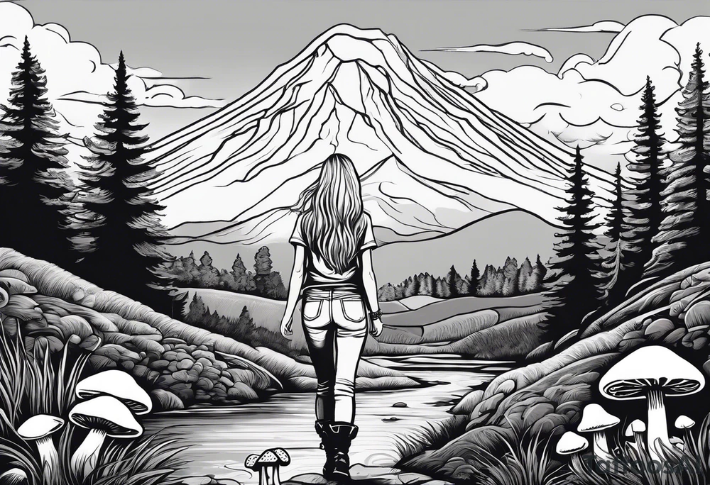 Straight long blonde hair hippie girl in distance holding mushrooms in hand facing away toward mountains and creek surrounded by mushrooms tee shirt and hiking pants tattoo idea