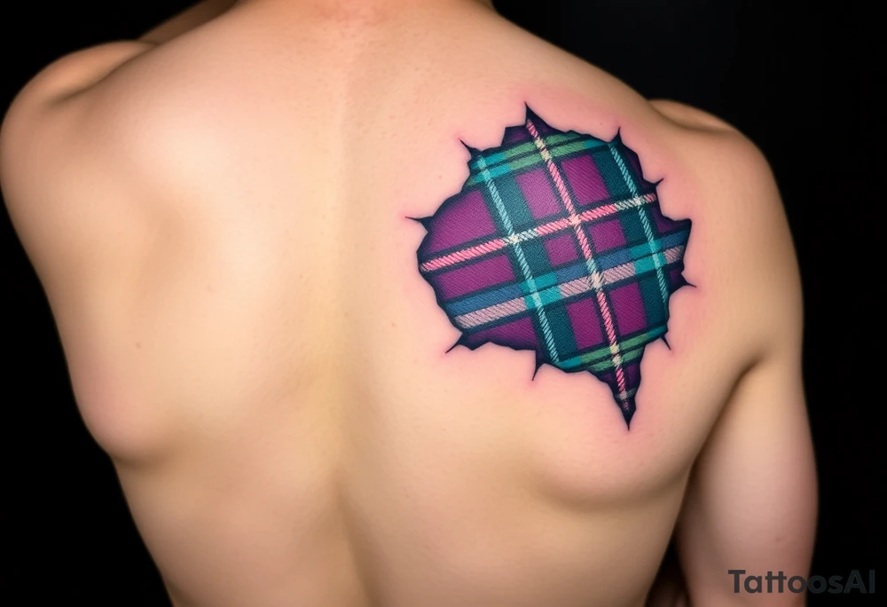 Dark Purple with green pink blue and white highlights tartan fabric on bicep with skin ripping away to reveal tartan underneath tattoo idea