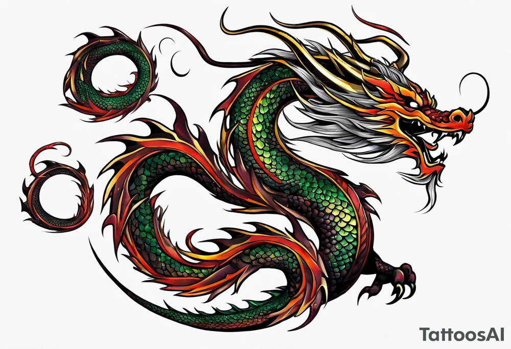 An epic floating asian dragon. Its long body coiling dynamically, with scales and horns detailed to create a sense of movement and strength. The dragon's color is giving a vibrant depth and a mystical aura. This tattoo highlights the dragon’s fierce expression and sharp claws. tattoo idea
