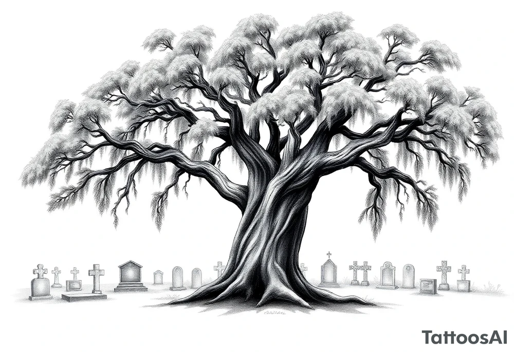 Laurel oak covered in Spanish moss in a cemetery tattoo idea