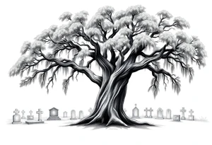 Laurel oak covered in Spanish moss in a cemetery tattoo idea