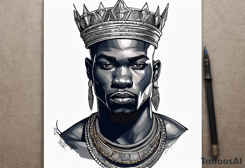 Black-skinned bald african warrior king with a simple silver crown. He uses blue necklaces and has a sword tattoo idea